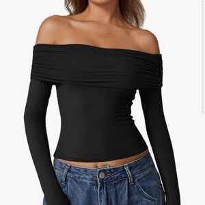 Qinsen Black Off-Shoulder Blouse